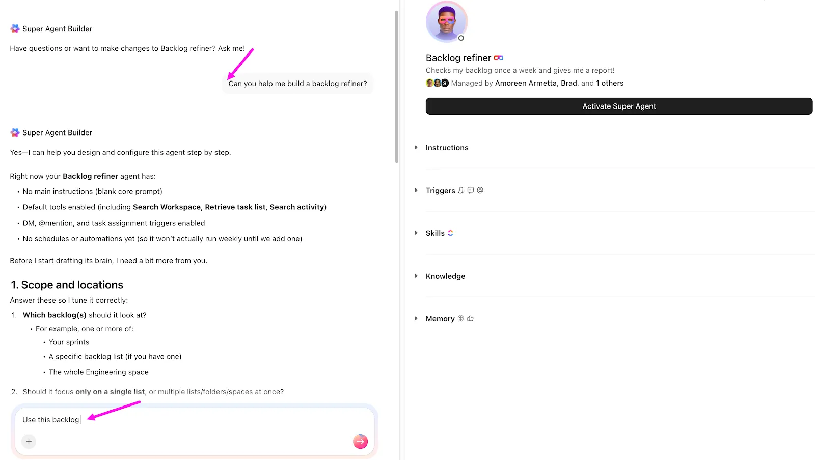 Peça ajuda ao ClickUp Brain para personalizar o Super Agent