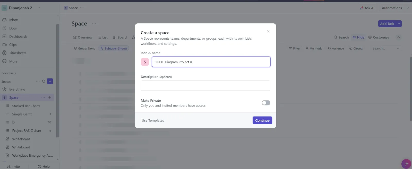 Vytvořte nový prostor ClickUp: sipoc