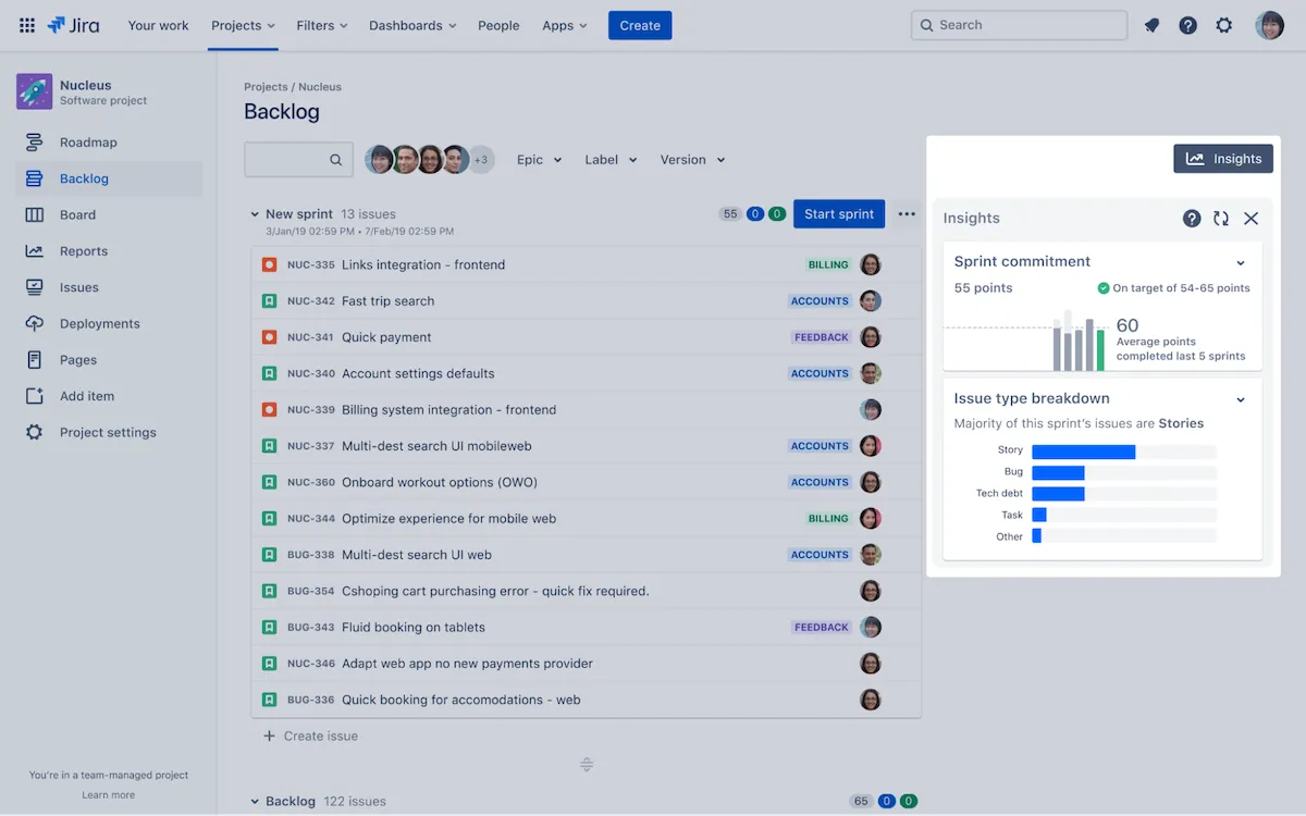 Công cụ DevOps: Cửa sổ bật lên Jira Insights trên trang Backlog