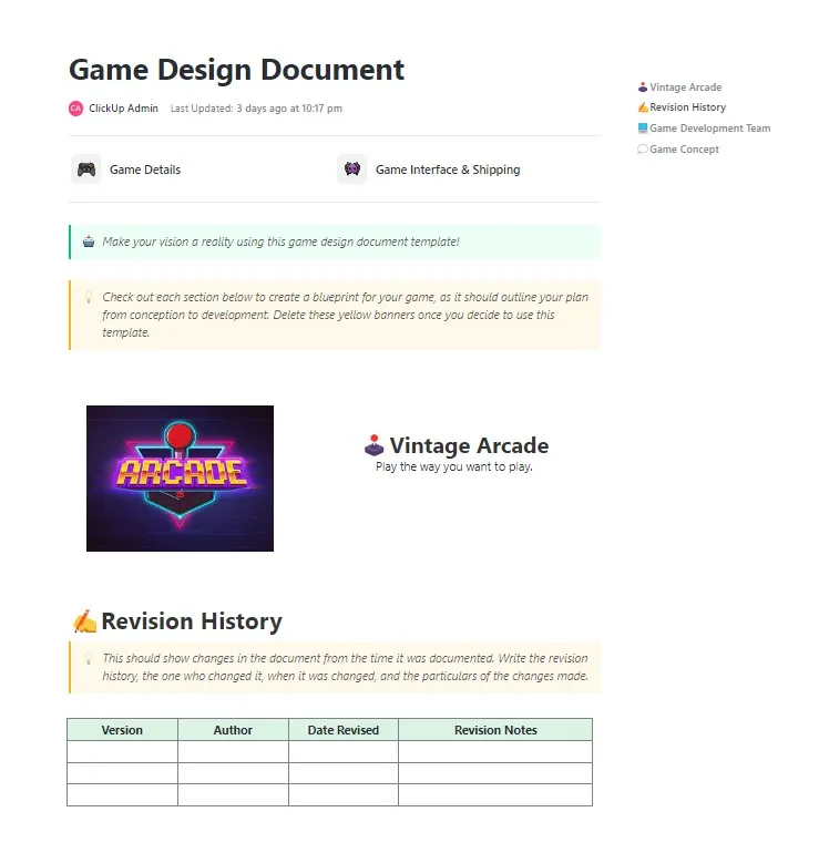 Modèle de document de conception de jeu par ClickUp