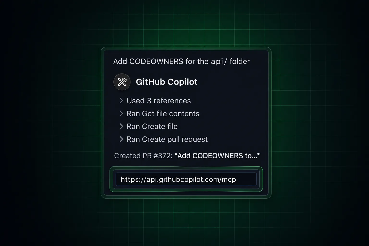 GitHub Copilot maakt gebruik van de externe GitHub MCP-server om bestandscontent op te halen, een CODEOWNERS-bestand aan te maken en een pull-aanvraag te openen, waarmee de tools van de opslagplaats worden geïllustreerd die beschikbaar zijn via Cursor MCP-servers