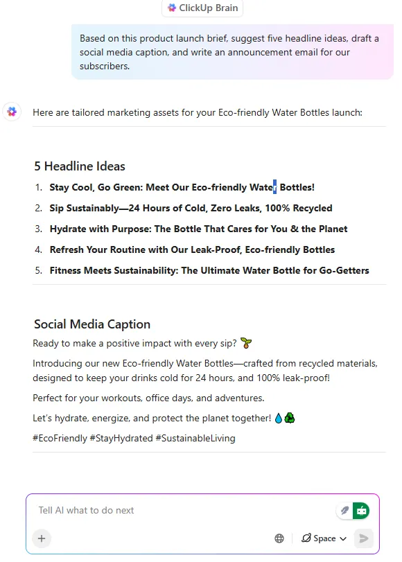 Buat draf posting media sosial, salinan iklan, dan konten email langsung dari brief kampanye Anda dengan ClickUp Brain.
