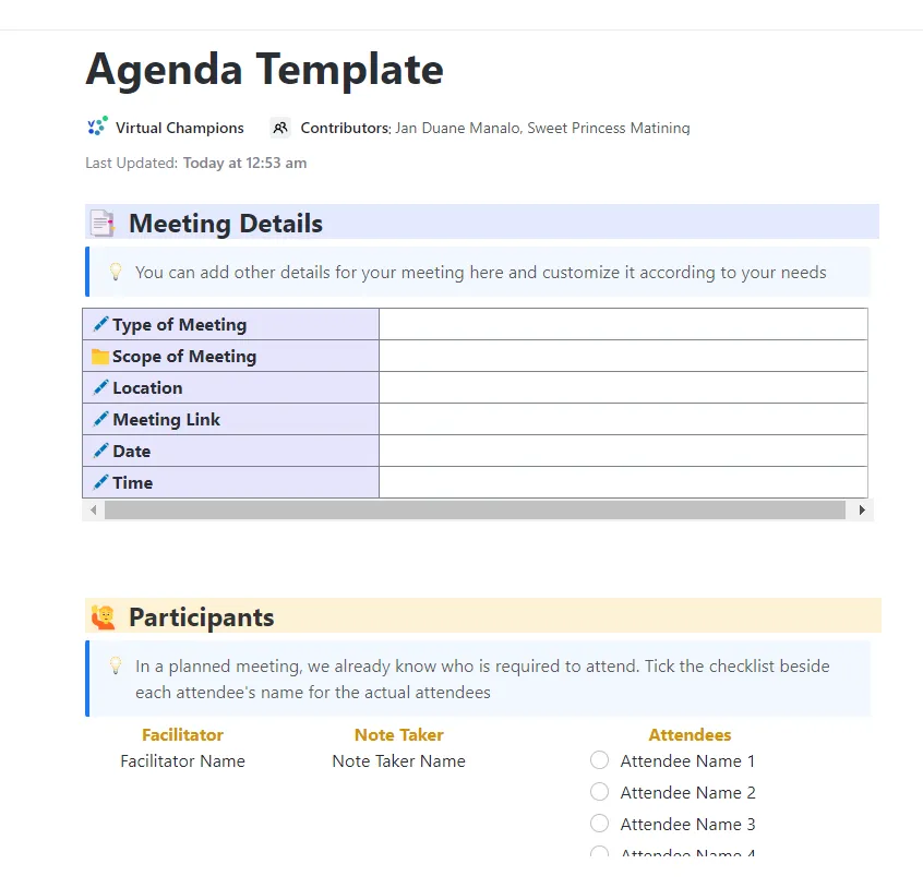 Rimani in linea con gli obiettivi che ti sei prefissato per una riunione pubblica con il modello di programma per riunioni di governance di ClickUp.