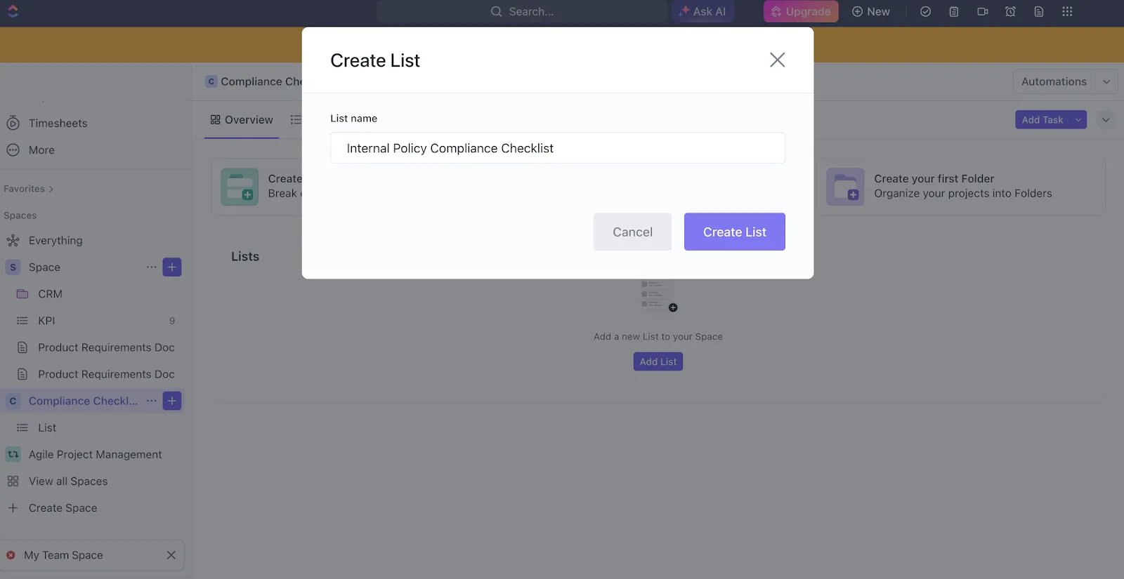 Cree una lista en la lista de control de tareas de ClickUp.