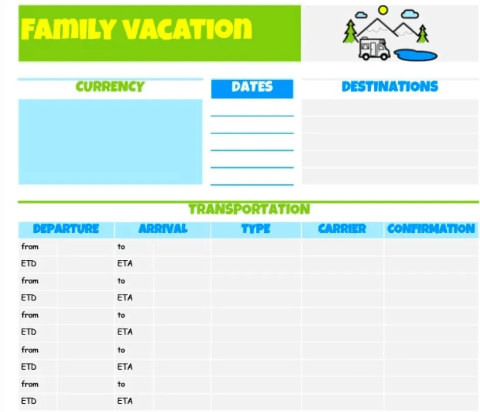 Modèle d'itinéraire de voyage pour des vacances en famille par GooDocs