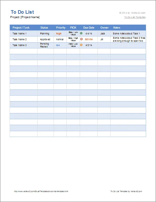 Excel teendőlista sablon a Vertex42-től