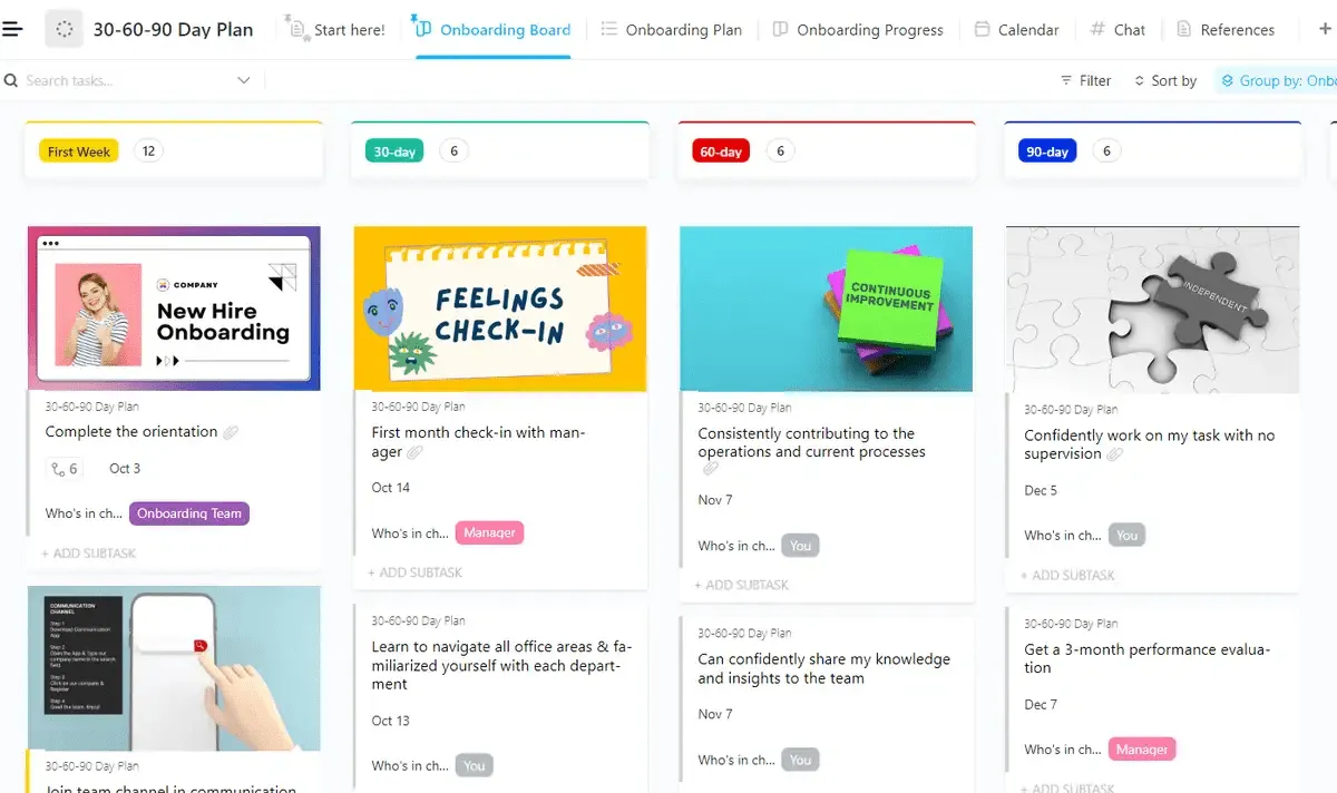 Optimice la incorporación de nuevos empleados con la plantilla del plan de 30-60-90 días de ClickUp.