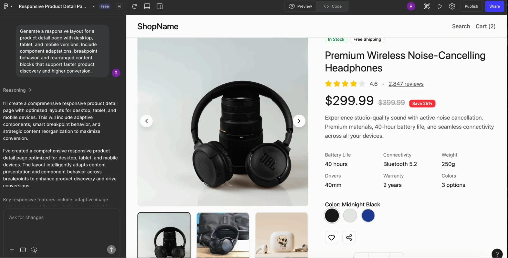 Indicaciones de Figma IA para diferentes opciones de diseño de páginas de productos.