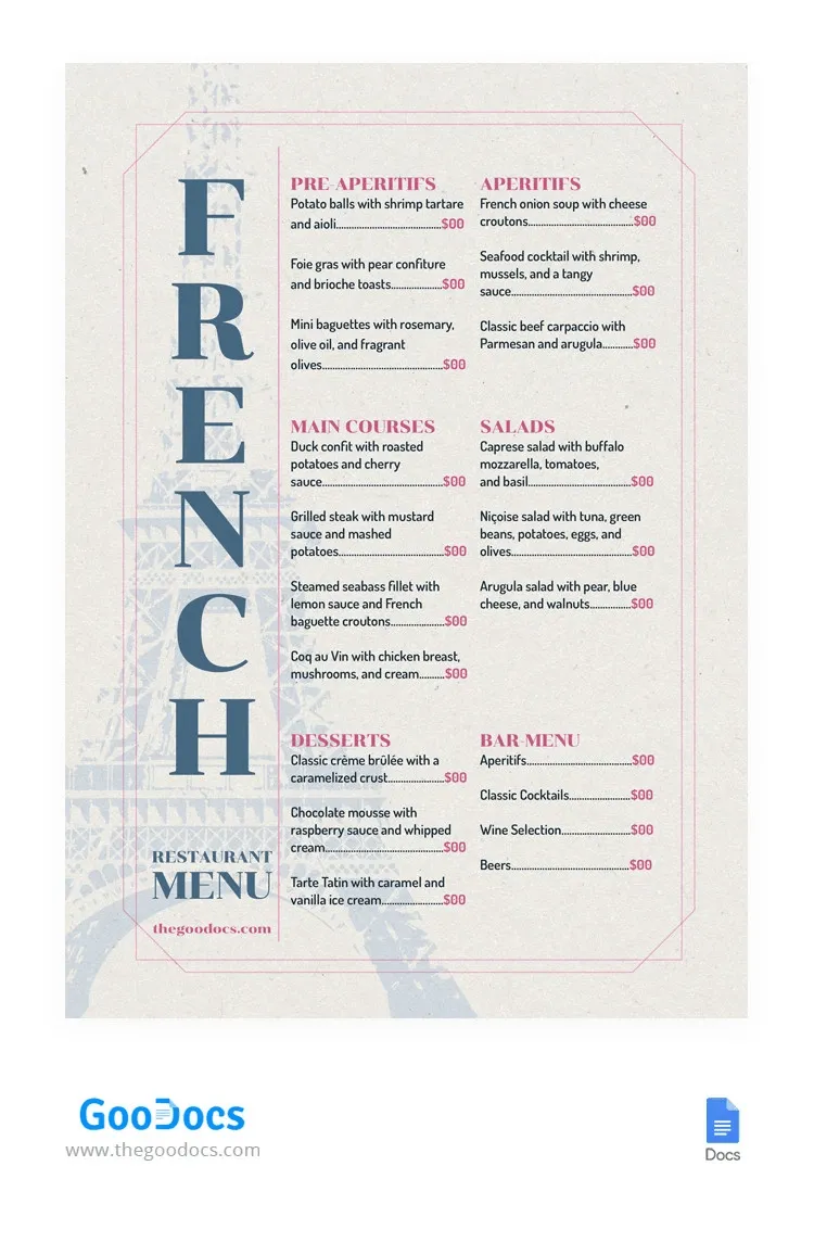 Modèle de menu français par GooDocs