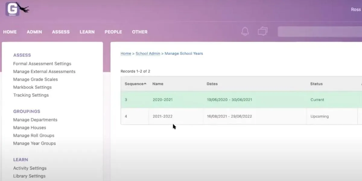 Software di gestione universitaria: gestione degli anni scolastici in Gibbon