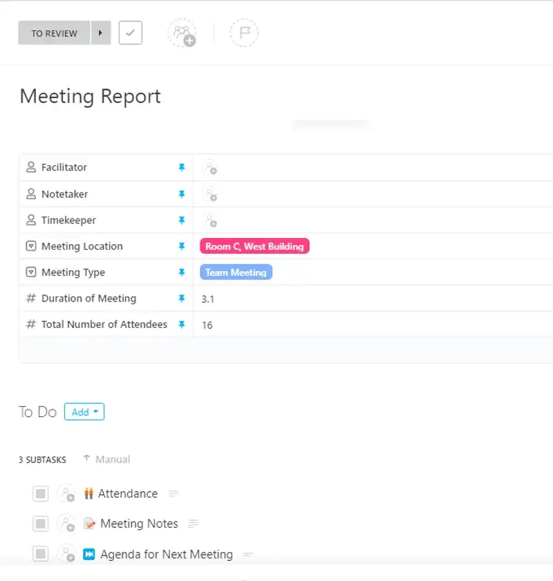 Gestisci il feedback dei clienti e chiudi i cicli con il modello di report delle riunioni di ClickUp.