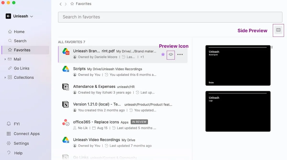 Hovering over the Preview Icon in Unleash