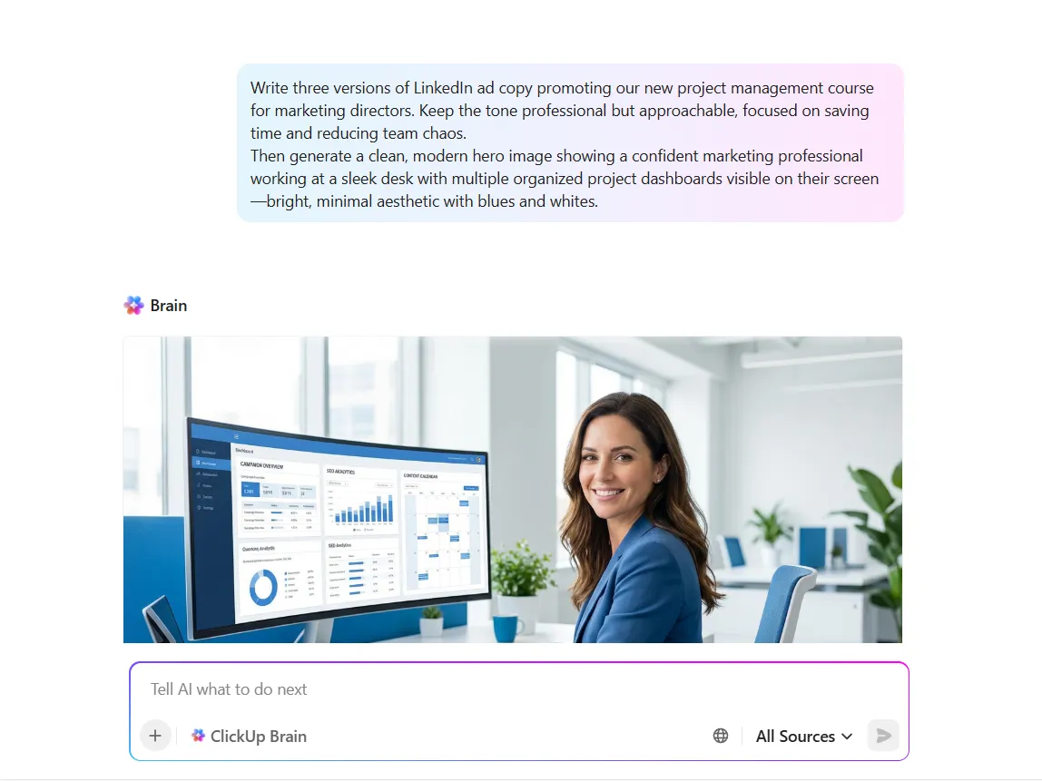 ClickUp Brain : guide des publicités LinkedIn pour offrir des informations sur le secteur