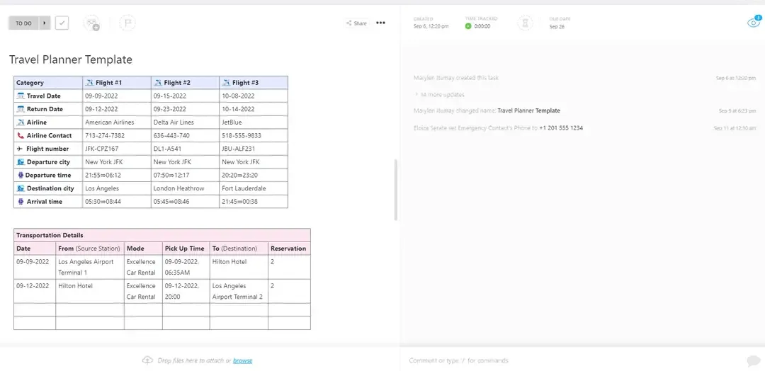 Modèle de planificateur de voyage ClickUp