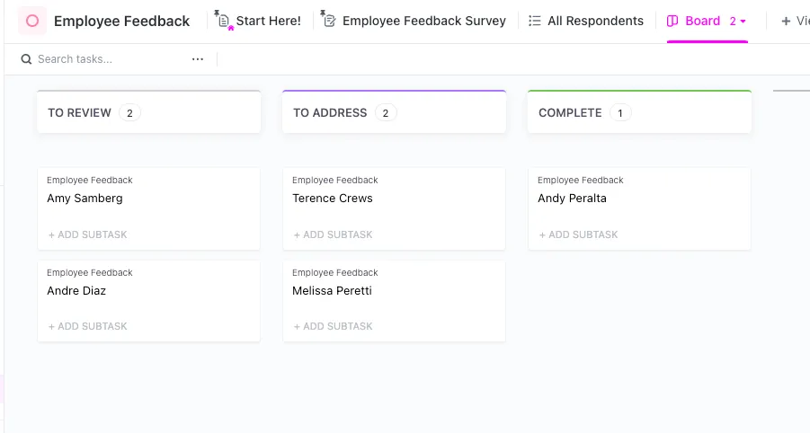 Plantilla de formulario de comentarios de los empleados de ClickUp: vista Tablero