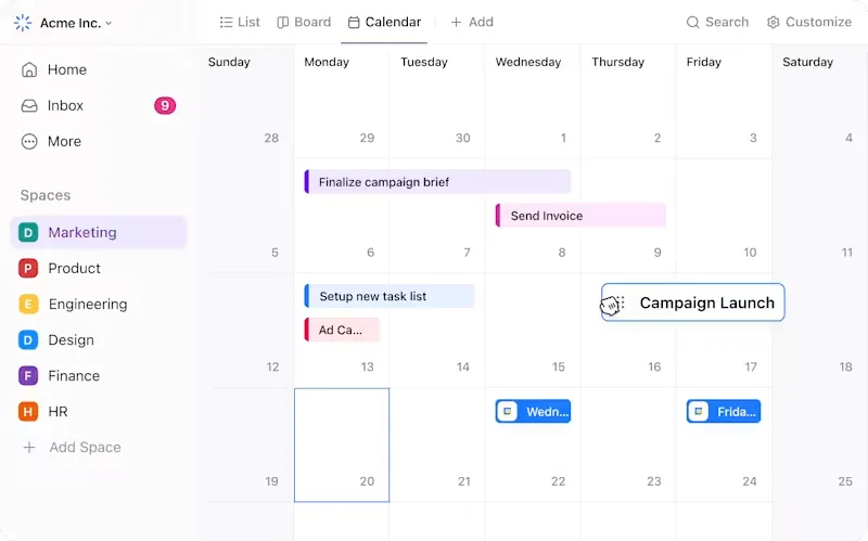 Tampilan Kalender ClickUp untuk menjadwalkan rapat penemuan dengan mudah