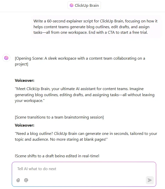 ClickUp Brain을 사용하여 스크립트, 짧은 촌극, 기타 비디오 관련 콘텐츠 자산을 작성하세요