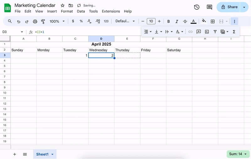 Verwenden Sie integrierte Formeln, um manuelle Einträge zu vermeiden: Google Tabellen-Kalender