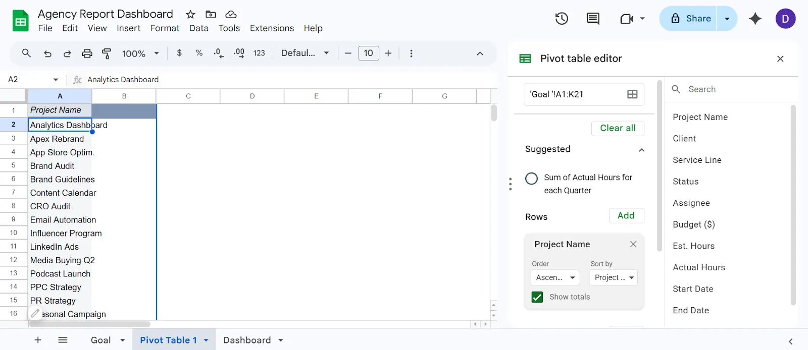 Beszúrás > Összegzőtábla > Új lap > Sorok hozzáadása a Google Táblázatokban