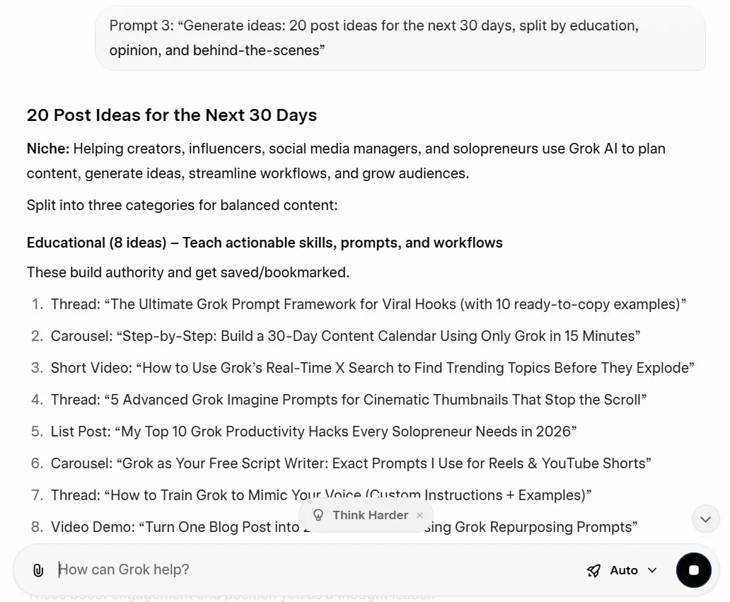 Genereer ideeën - 20 ideeën voor posts voor de komende 30 dagen, onderverdeeld in educatie, opinie en achter de schermen.