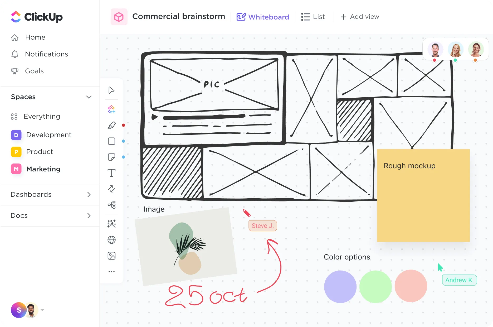 Maquettes et brainstorming sur les tableaux blancs ClickUp