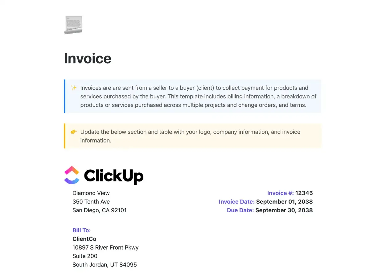 Rationalisez les opérations de votre entreprise grâce au modèle de facture ClickUp.