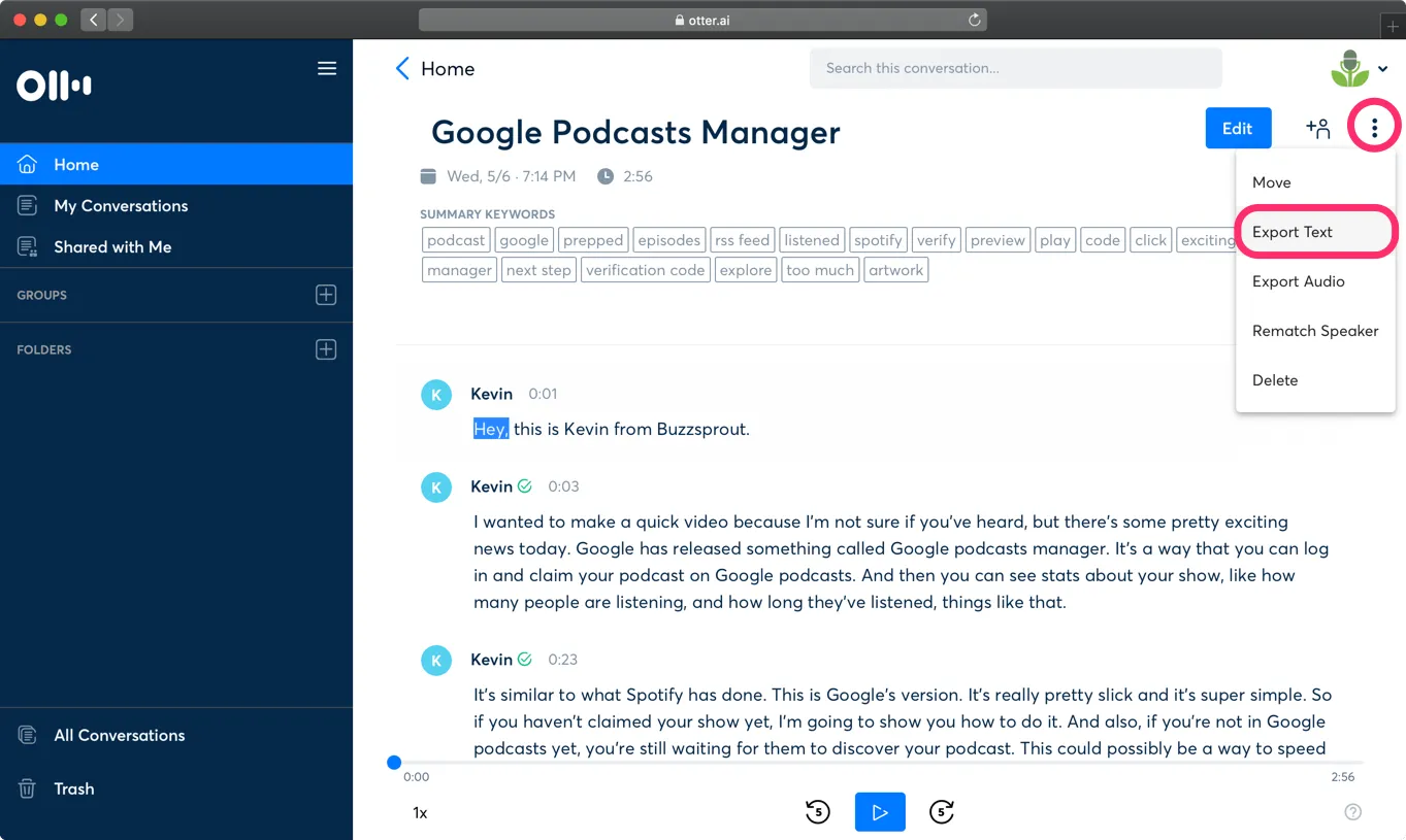 لوحة تحكم Otter.ai: بديل Dictation.io