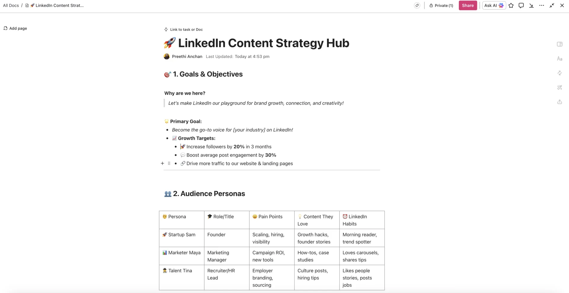 ศูนย์กลางกลยุทธ์เนื้อหา LinkedIn ด้วย ClickUp Docs