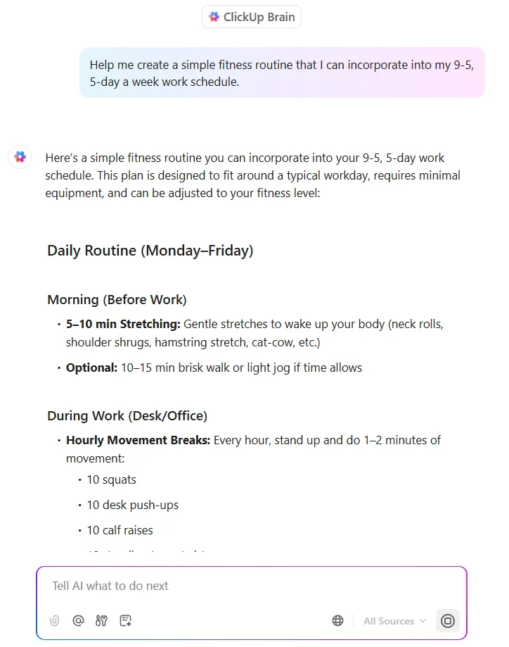 ClickUp Brain을 사용하여 간단한 일상을 만들고 피트니스 목표를 달성하세요