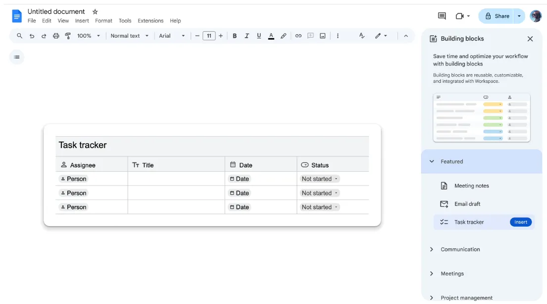 Dodawanie bloków w Dokumentach Google: Dokumenty Google w zarządzaniu projektami