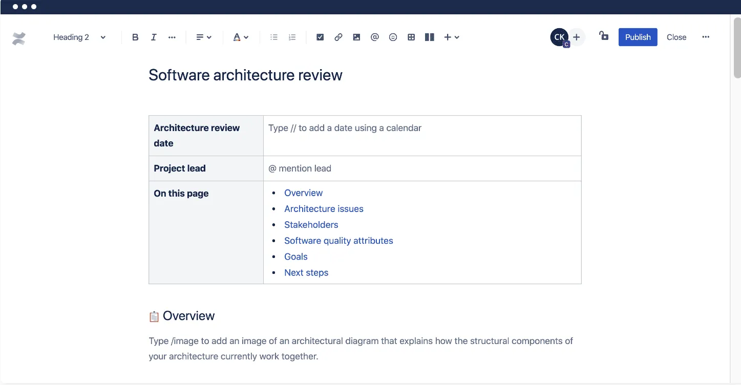 Plantilla de revisión de la arquitectura de software de Confluence