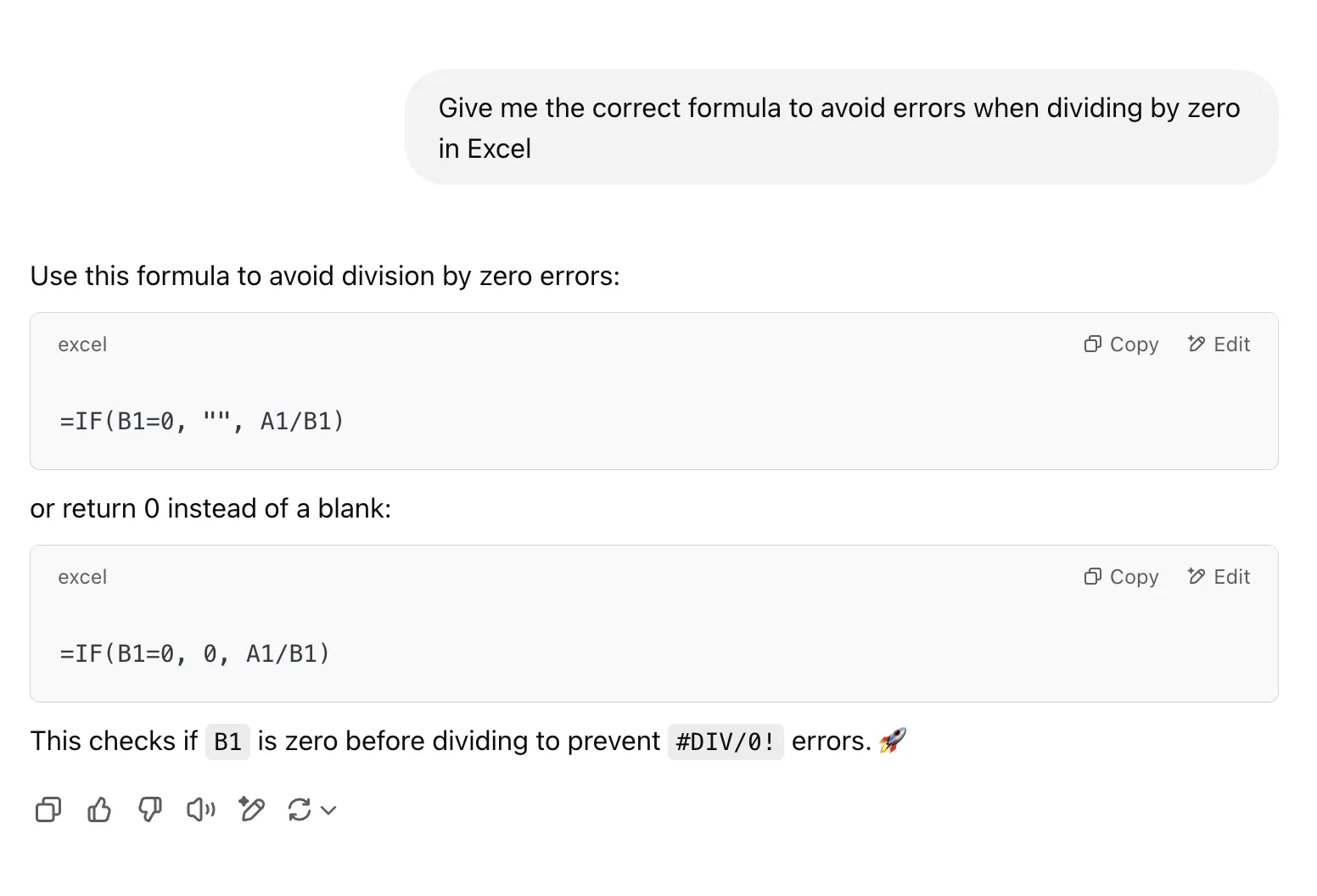 Geef me de juiste formule om fouten te voorkomen bij het delen door nul in Excel Prompt