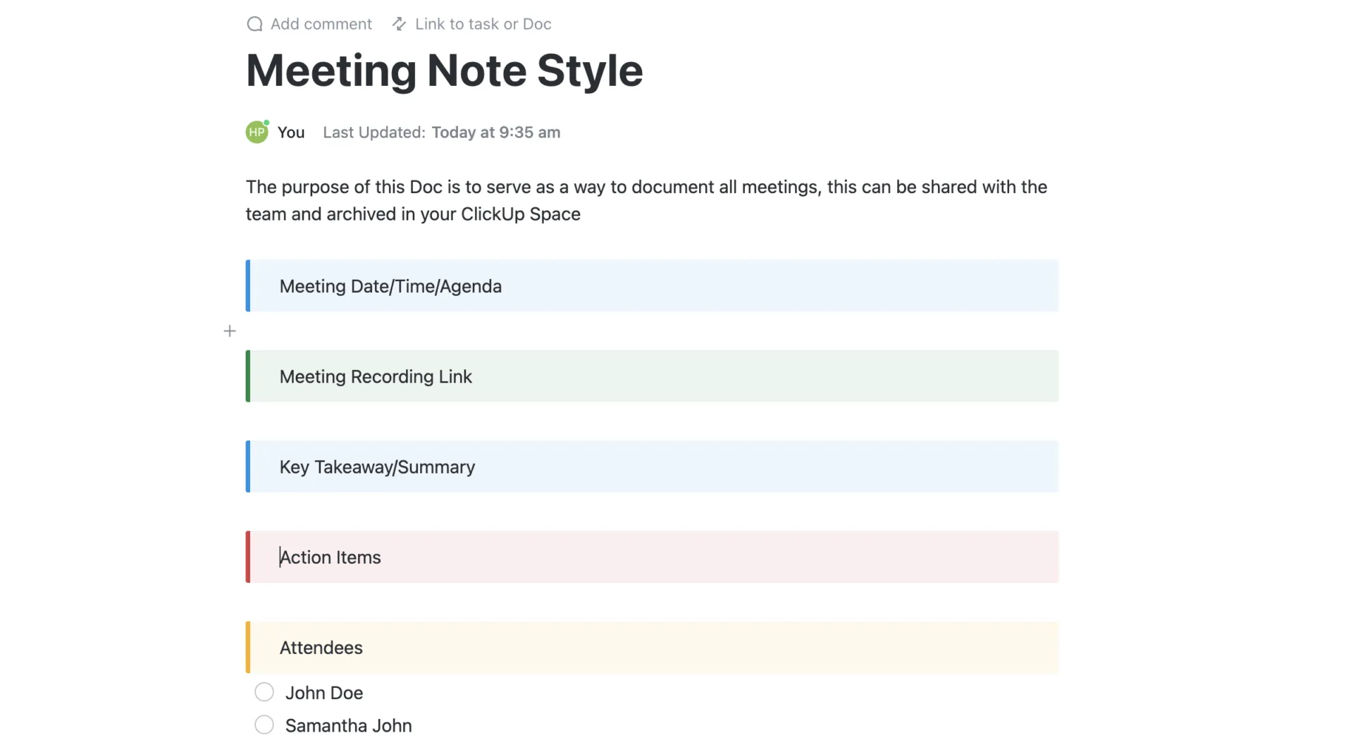 ClickUp-Vorlage für Notizen zum Meeting für gemeinnützige Organisationen