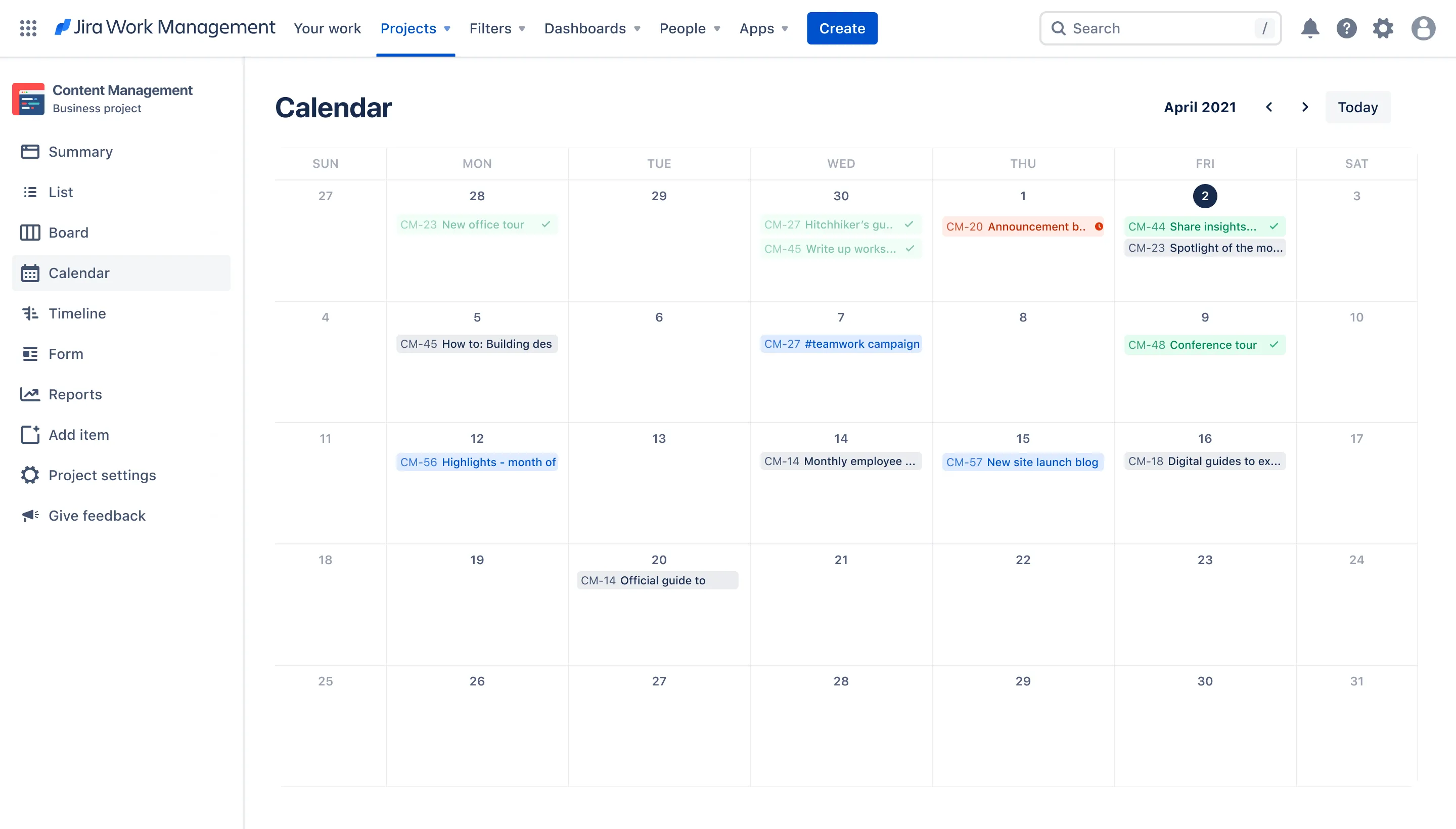 Beispiel für einen Marketing-Inhalt-Kalender in Jira
