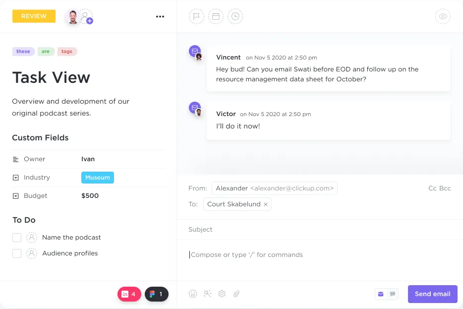 La redacción de notas de lanzamiento comienza con la recopilación de información sobre las nuevas funciones en una tarea de ClickUp.