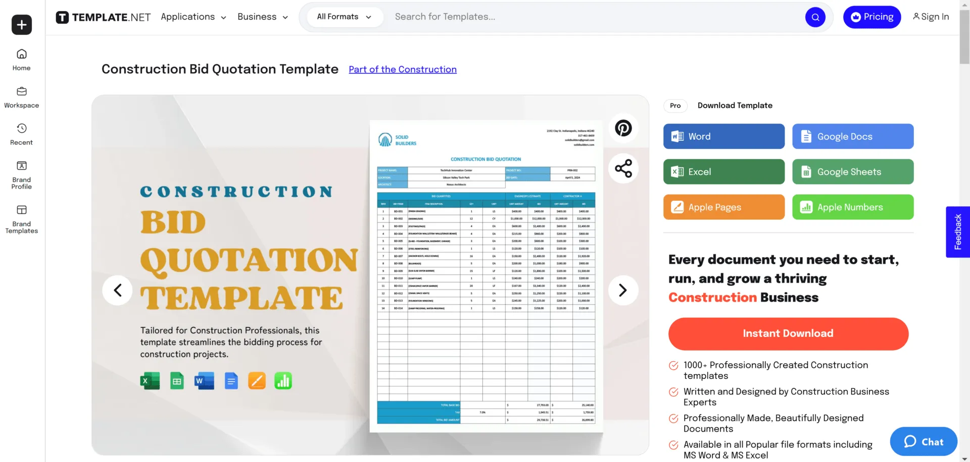 แบบฟอร์มใบเสนอราคาการก่อสร้างโดย Template.net