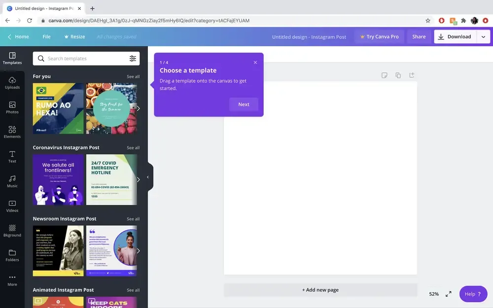Strumenti di marketing per startup: Canva Dashboard