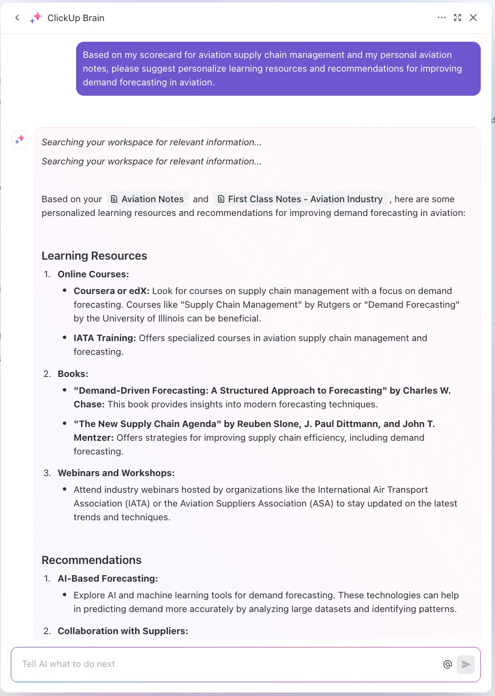 IA pour la prise de notes : personnalisez le contenu et les recommandations d'apprentissage avec ClickUp Brain.