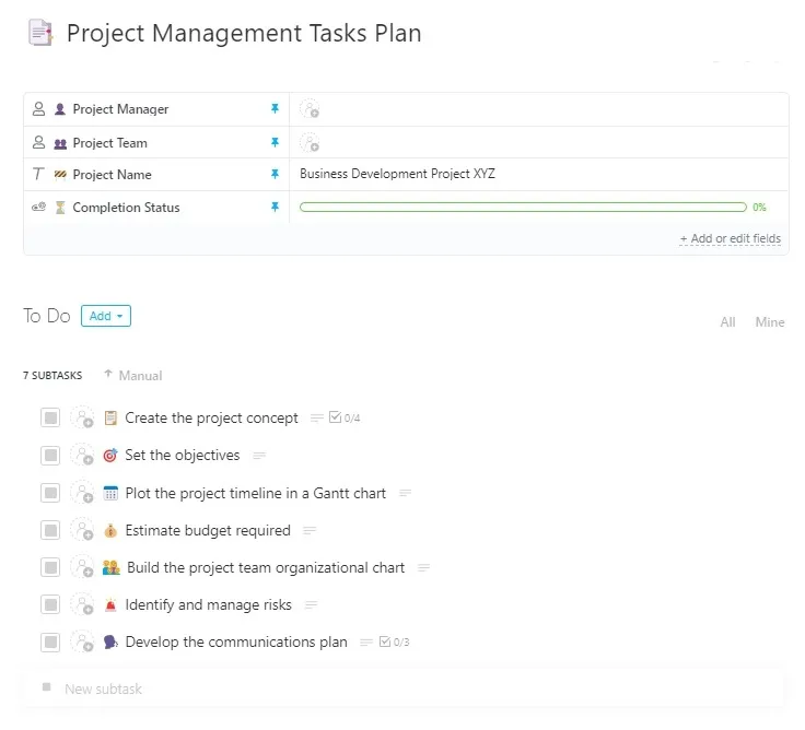 ClickUp-sjabloon voor projectmanagementtaken: AI-agenten voor projectmanagement