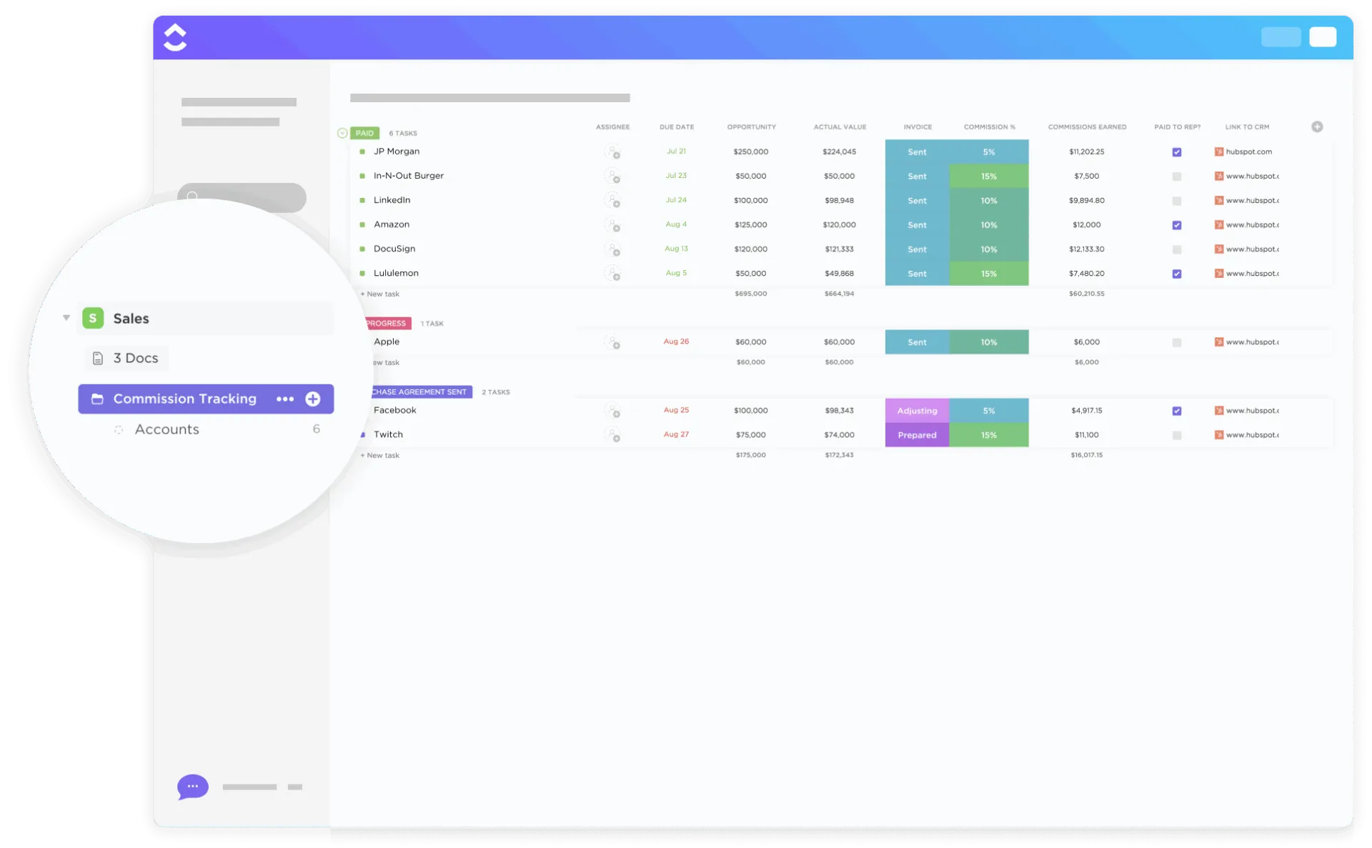 Template CRM Notion: Template Pelacakan Komisi ClickUp