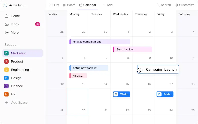 تتبع الأحداث والمواعيد النهائية بسهولة باستخدام عرض تقويم ClickUp
