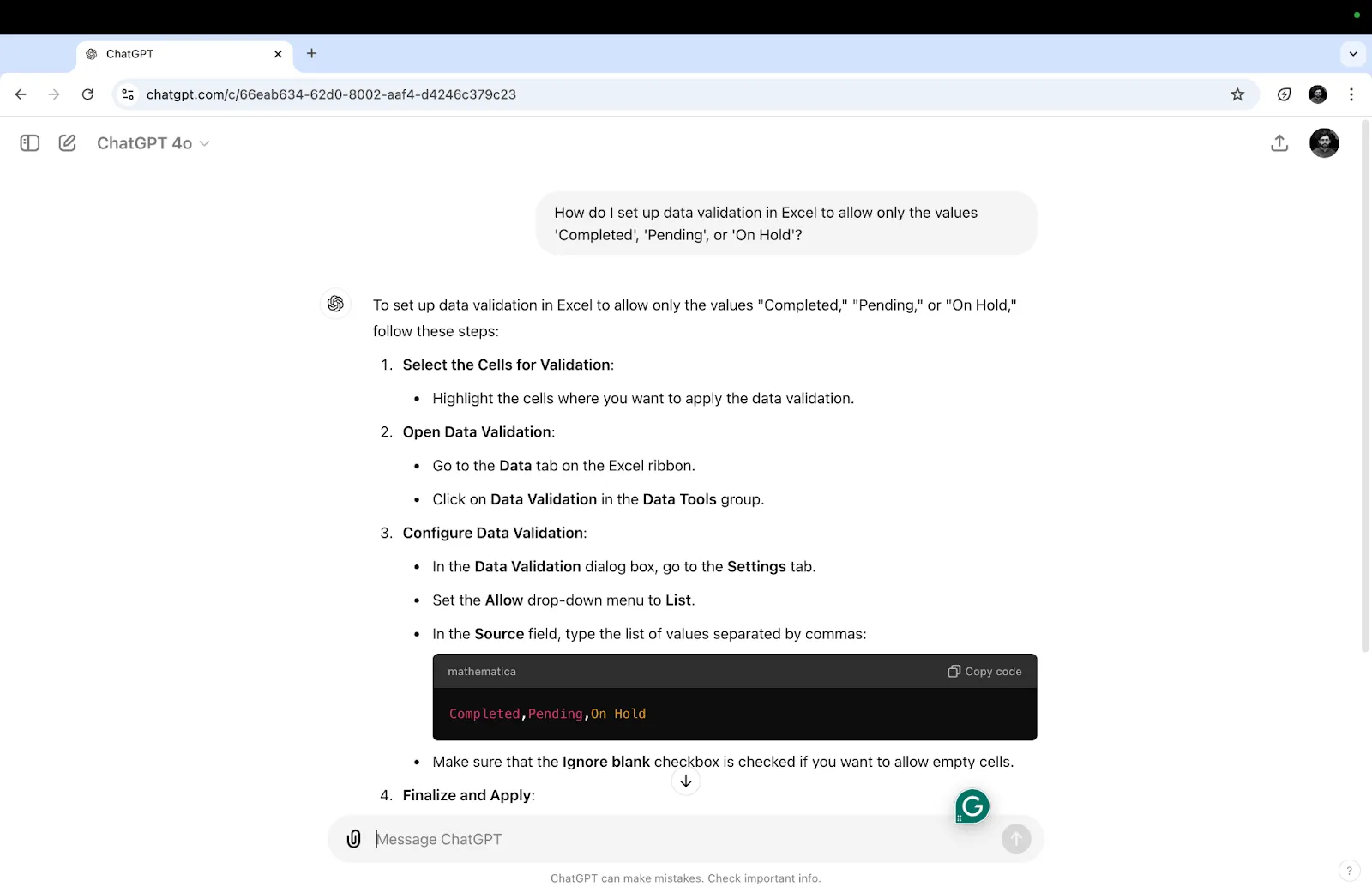 ChatGPT explica cómo configurar reglas de validación de datos en Excel: Cómo utilizar ChatGPT para fórmulas de Excel