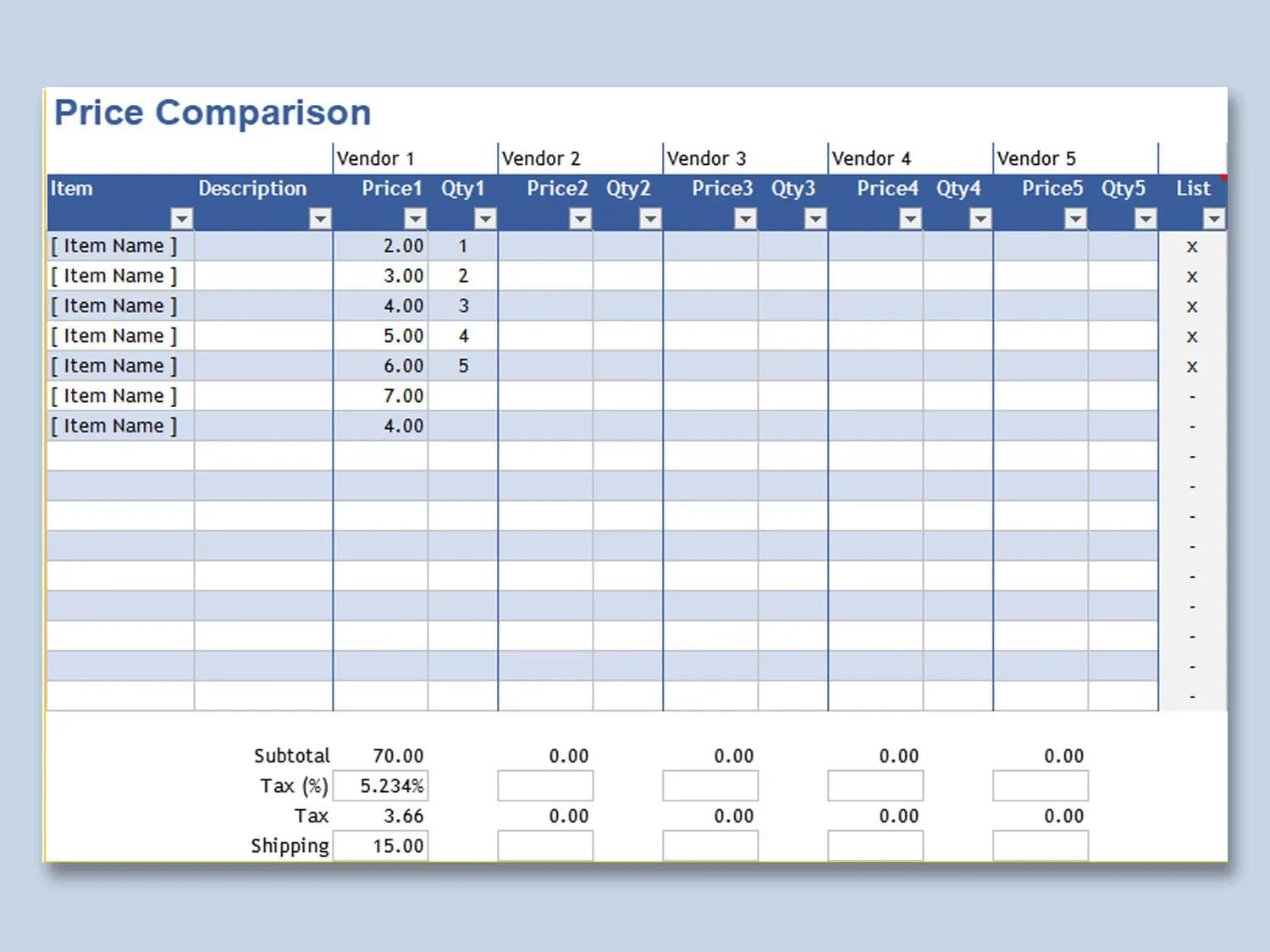 Modèle Excel simple de comparaison des prix Diagramme d'achat par WPS Template