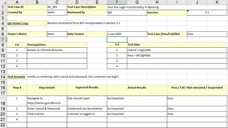 Mẫu trường hợp thử nghiệm Excel của Guru99