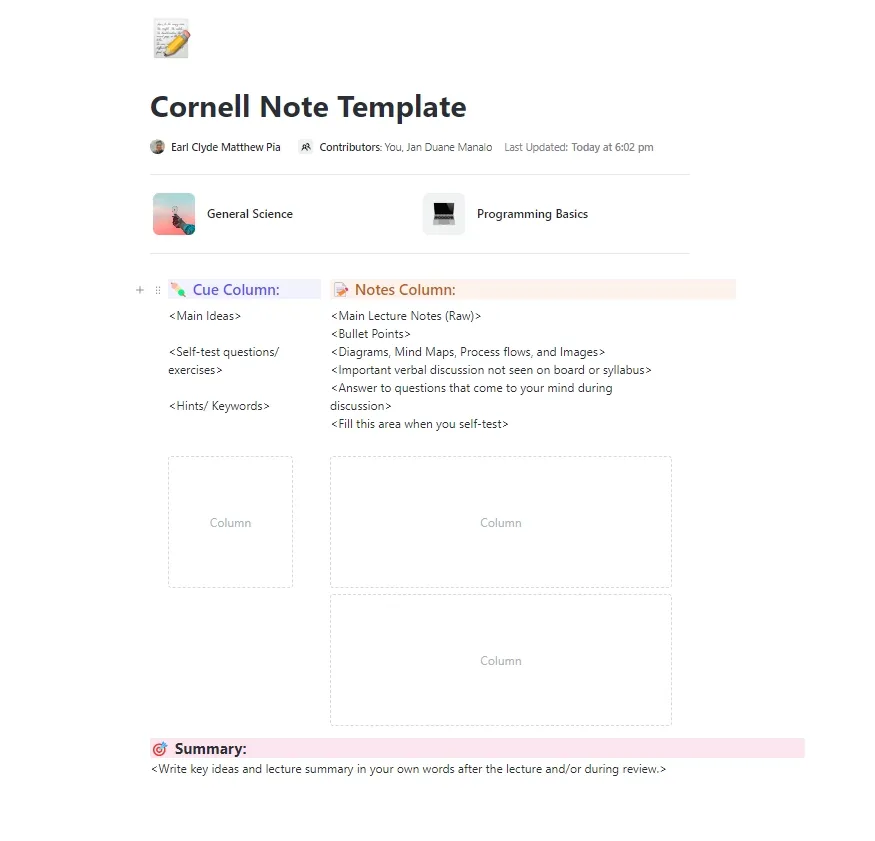 Template Catatan Cornell ClickUp