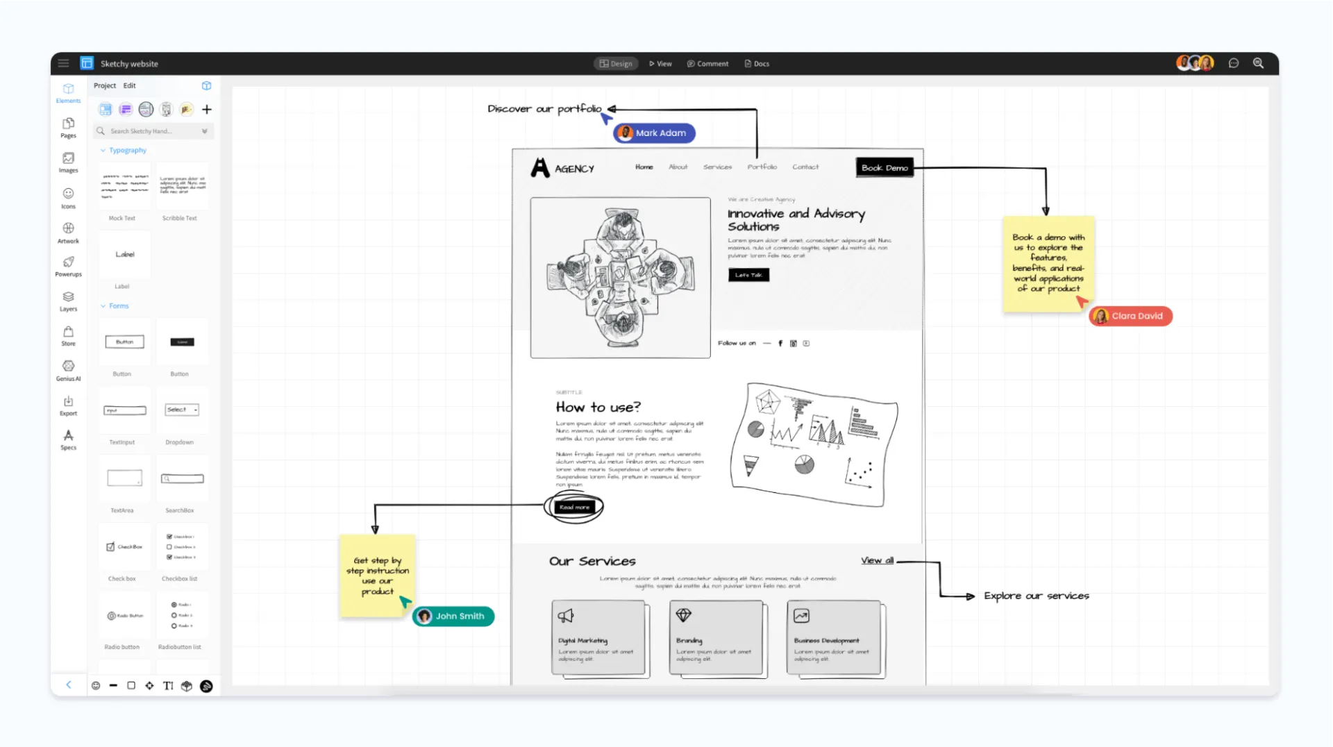 Painel do MockFlow: Ferramentas de feedback de design