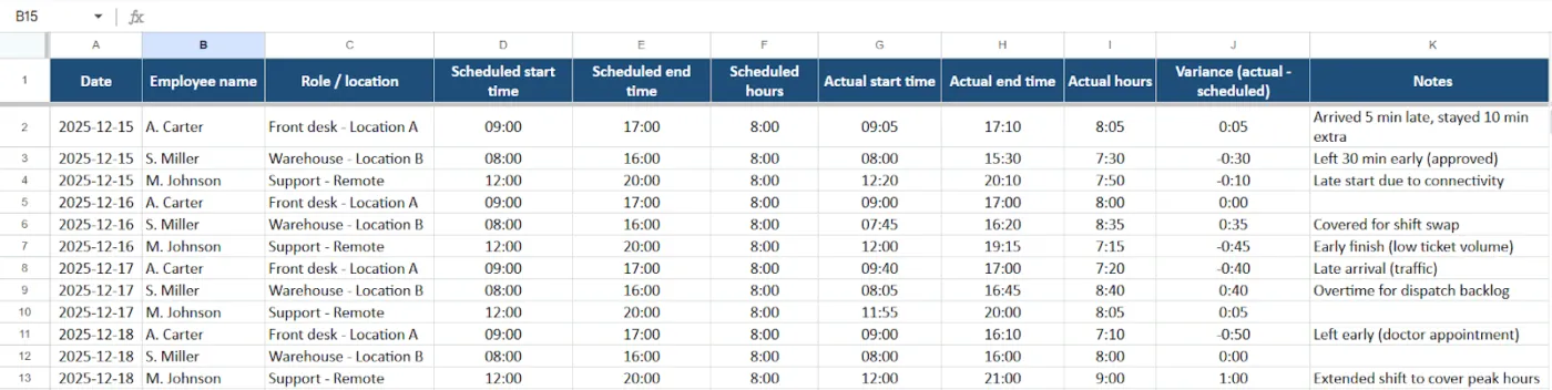 Lập lịch ca làm việc và theo dõi thời gian - Theo dõi thời gian bằng Excel
