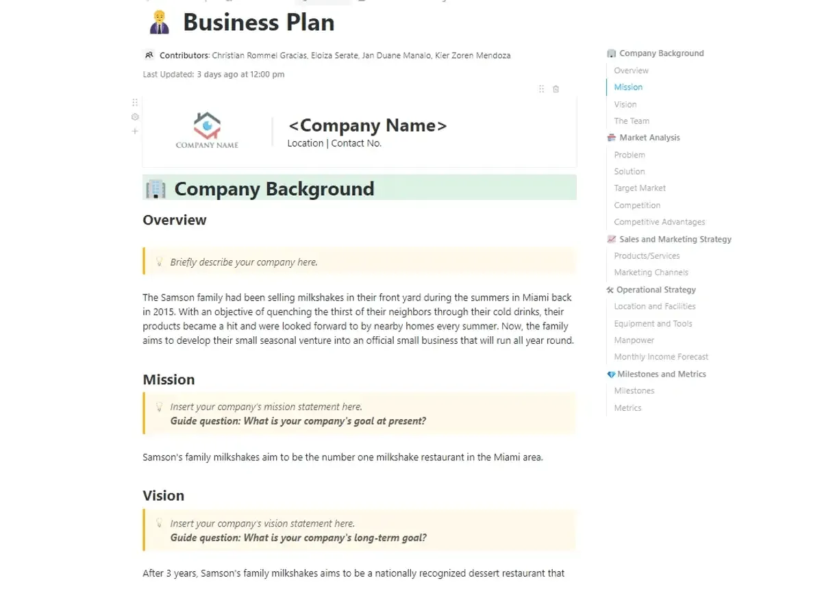 Créez et gérez votre business plan tout en tenant toutes vos parties prenantes informées grâce au modèle de document de business plan ClickUp