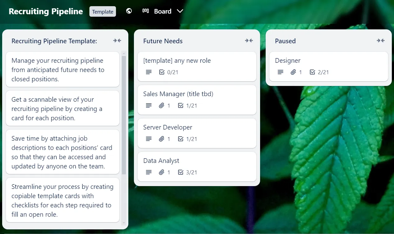 Modello di pipeline di reclutamento di Trello
