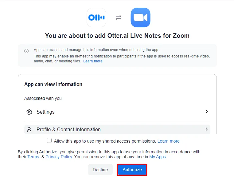 سجّل الدخول إلى Zoom وانقر على "تفويض" - كيفية استخدام Otter AI مع Zoom